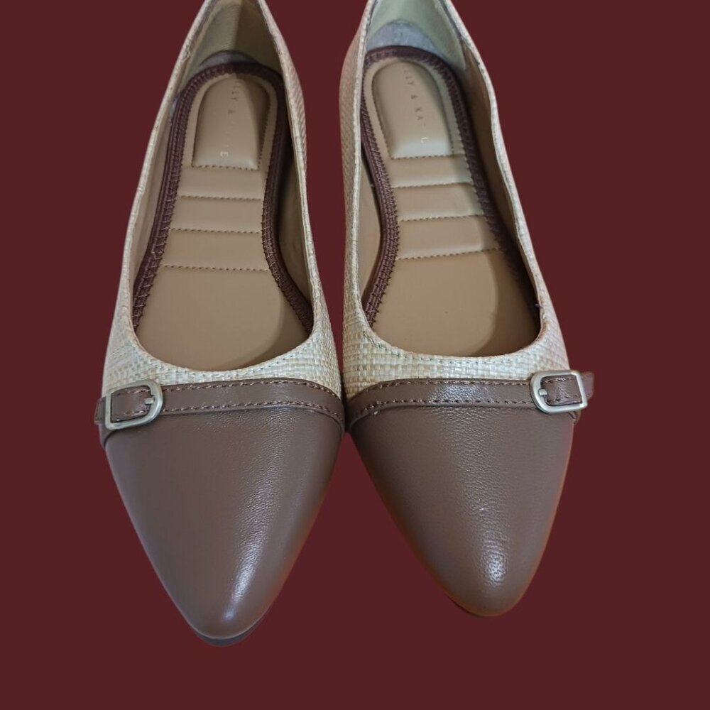 Kelly & Kattie Woven Texture  Ballet Flats W/ Buckle Accent Beige/Brown Size 8.5